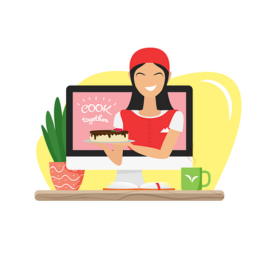 Happy Asian woman making a blog about healthy desserts blogger cartoon channel character character design concept cook design flat freelance freelancer hobby home home office illustration quarantine stay home vector vector art video blog