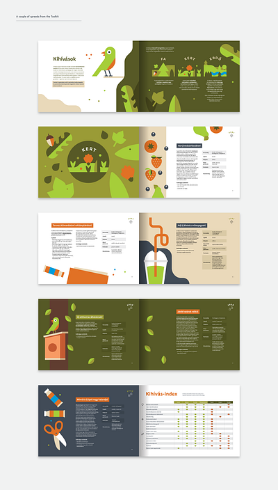 Spreads from a toolkit booklet for a climate change event bio bird book booklet brochure eco editorial forest fruits green greenery illustration illustrations leaf leaflet leaves mockup nature print spreads