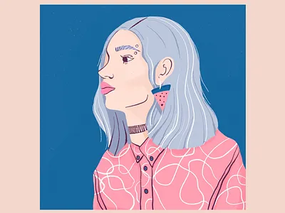 Silver hair girl wearing a pink shirt creative digital illustration editorial fashion girl illustration pattern pink shirt profile texture watermelon