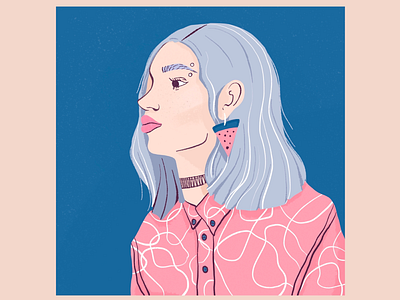 Silver hair girl wearing a pink shirt creative digital illustration editorial fashion girl illustration pattern pink shirt profile texture watermelon