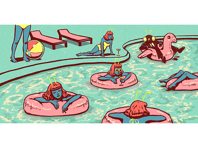 Plenty of girls in the sea alien bug illustration pool party