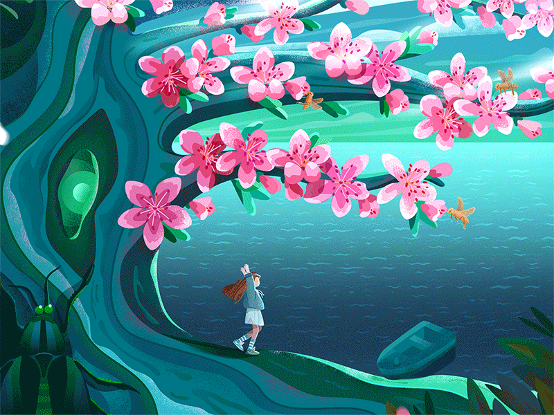 Flourishing Peach Blossom bee girl illustration lake peach blossom