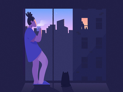 Social Distancing adobe illustrator adobe photoshop blue cat cityscape girl grain grainy illustration illustrator light moon night purple quarantine skyscrapers social distancing tea texture window