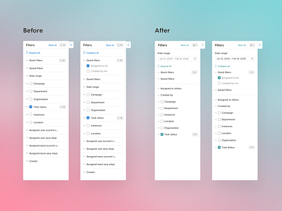 Filter panel reorganization and UI improvements design enterprise filter interface marketing panel platform product ui