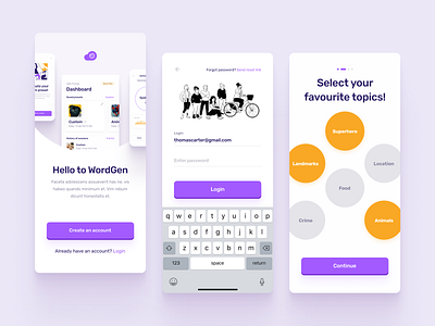 Word Generation App 3 app cards clean colors dashboad design flow food illustraion input ios login mobile navigation orange progress purple sign up ui ux