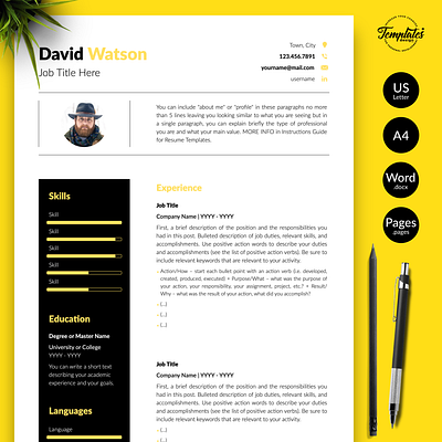 Creative Resume for Word & Pages “David Watson” cover letter creative cv creative resume curriculum vitae cv for word cv template instant download masculine resume modern resume professional resume references template resume creative resume for word resume picture resume template resume template word resume with photo