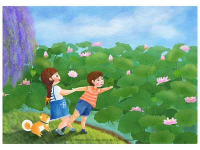 Summer boy children book illustration childrens book dog girl character illustraion for child illustration lotus flower summer summertime