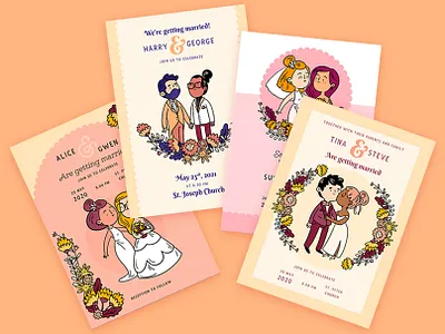Illustrated wedding invitations card character couple designs illustration invitation love template vector wedding