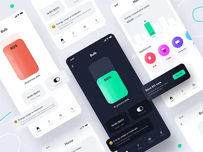 Household Energy Monitor : Prototype 3 (Design Assignment) branding clean minimal 2020 dark light day night design energy usage grid icon illustration neel prakhar project designer settings share sharma smarthome switch ui ui kit user profile ux