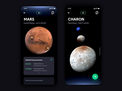 Solar System Simulation application astronomy charon cosmos dark app dark mode dark theme dark ui ios iphone x mars mobile solar system space stars sun