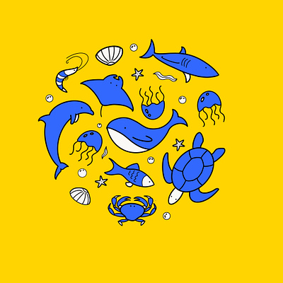 Sea spirits animal blue cartoon composition design fish happy illustration minimalillustration minimalism sea turtle whale yellow