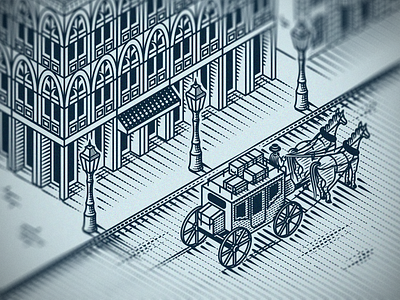 Night Carriage (Isometric engraving) engraving etching illustration illustrator line art peter voth design scratchboard vector