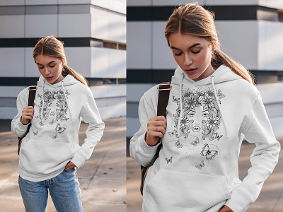 Hand-drawn black and white hoodie prints. black and white design feminine flowers illustration girl illustration hoodie illustration print design textile