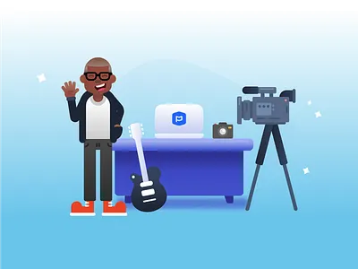 Live Streaming Ministry camera character computer gradient guitar illustration man shoes video wave