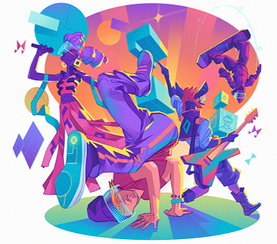 Play, Share, Have Fun 🤙 avatars breakdance community fun guital illustration lifestyle metaverse music party sing snowboard virtualreality