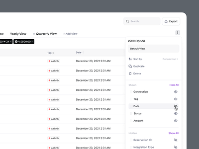 View Option / Sorting clean dashboard data design dropdown filter ui filters fintory industry standard popup search engine side drawer sorting table ui user interface ux view option