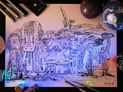 Spaceship drawing: The USCSS Prometheus black ink design hand drawing hand drawn illustration ink inktober spaceship ui