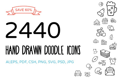 2440 Hand Drawn Doodle Icons Bundle branding dashboard design flat icons graphic design icon icons icons design social media startup icon