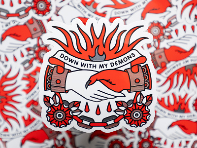 Down With My Demons Metallic Sticker chain demon devil fire flames flower halftone hand handshake illustration monoline tattoo
