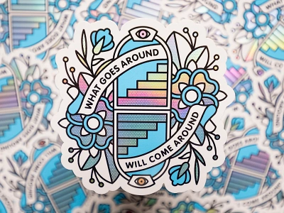 What Goes Around Will Come Around Holo Sticker eye flower halftone holographic illustration karma monoline pop art sticker tattoo