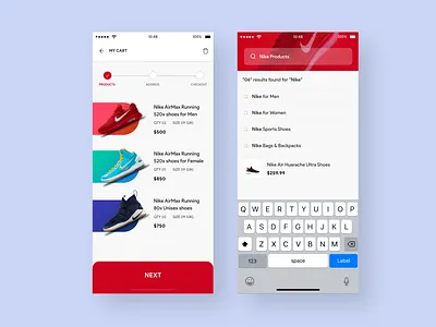 E-Commerce App - Cart & Search Suggestions app cards cards ui cart cart process clean clean ui ecommerce light listing red search shoes suggestions ui uiux