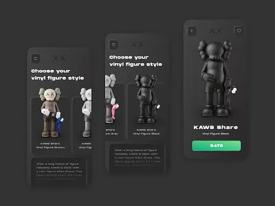 KAWS vinyl figures app app black dark theme design digital dribbble interface iphone kaws minimal mobile mobile ui neumorphism skeumorphism skeuomorphic smart smart app ui uiux ux