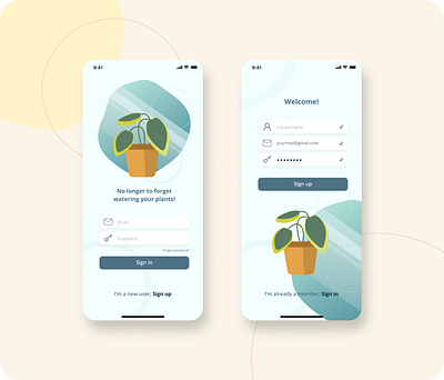 Sign in page app design flat icon illustration illustrator mobile plants timer app ui