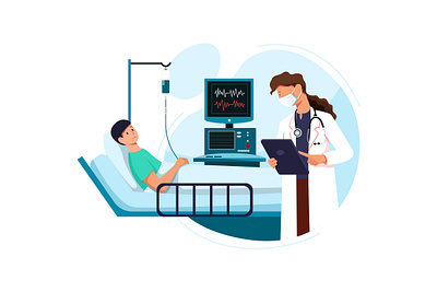 Young woman doctor with tablet and patient care clinic diagnose doctor healthcare hospital illustration medical nurse patient phamacy sick specialist treatment vector