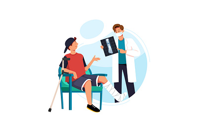 Young man with broken leg, bone in doctor s office at reception. care clinic diagnose doctor healthcare hospital illustration medical nurse patient phamacy sick specialist treatment vector