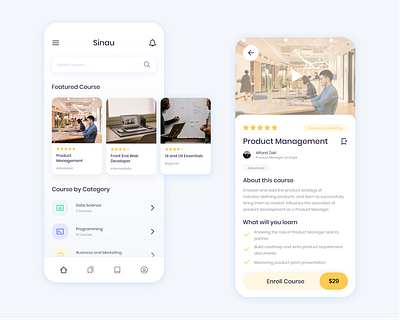 Sinau Online Course - Mobile App app app design brand card carousel class clean courses dashboard design learning minimal mobile mobile app product design simple ui ux