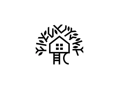 Logo house on tree black branch branding clean design floral house house on tree illustration leaf logo minimal organization outline rounded social stairs strict tree vector