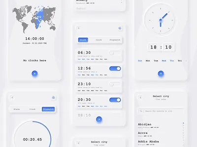 Minimal Clock Application / Neumorphism adobe xd android application applications blue clean clock dailyui designinspiration illustrator inspiration ios iphone minimal neumorphism time ui ux watch white