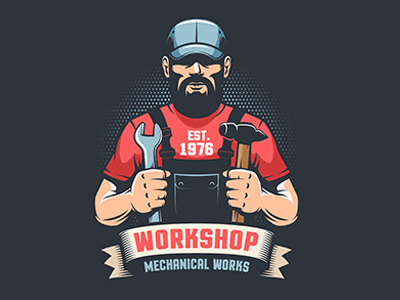 Repair workshop retro logo with handyman and tools contractor garage hammer handy handyman labor logo mascot mechanic repair repairman retro spanner tool tradesman vintage worker workshop wrench