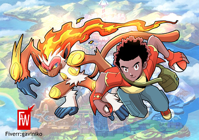 Infernap and pokemon trainer anime character illustration illustration art infernap japan kids pokeball pokemon
