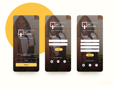 Jehangir Art Gallery Mobile App adobe xd application design application ui art gallery design log in mobile app design museum app museum of art onboarding ui sign up ui ui design uidesign uiux website concept