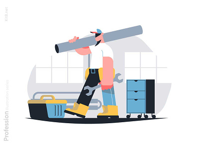 Mechanic holding wrench and plastic pipe illustration character flat holding illustration kit8 man mechanic pipe vector wrench