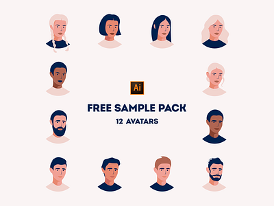 Free Sample Pack of Avatars adobe illustrator avatars branding character design design digital faces free freebie hair heads illustrations men pack portrait set ui vector women