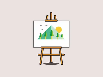 mountain landscape in the canvas wooden easel canvas drawing easel flat flat illustration illustration landscape mountains nature outdoor painting pines sun tree wooden