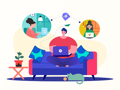 Remote Work From Home Illustration art artwork cat color color palette colorful design girl gradient illustration people remotework sofa stayhome stayworkon vector work workfromhome workspace yudiz