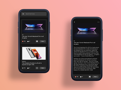 Tech News - App app design black dark dark ui design flat minimal news red tech tech news technology ui ux