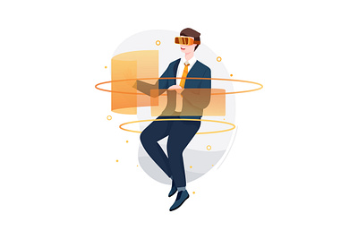 Businessman experiencing VR glasses vividly banner businessman capital cash character chart coin concept corporate debt finance graph header money office staff star vector web work