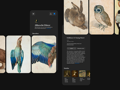 Feldhase 🐇 app art article page branding card dark app dark mode dark theme design gallery icon illustration image interface mobile product design typography ui ux web