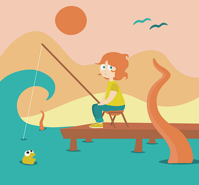 Little girl fishing character illustration vector