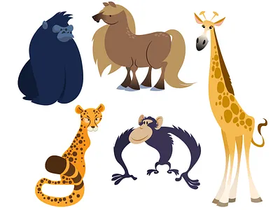 Buncha animals cartoon character character design cheetah chimpanzee flat giraffe gorilla illustration midcentury pony texture vector wildlife