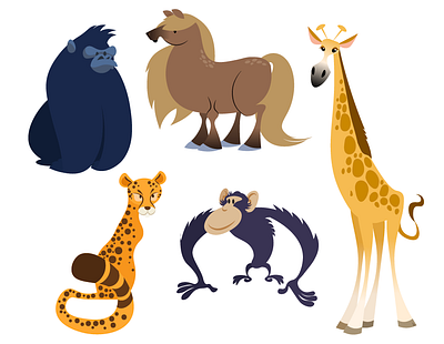 Buncha animals cartoon character character design cheetah chimpanzee flat giraffe gorilla illustration midcentury pony texture vector wildlife