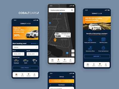 Mobile app UI design for car rental car rental app cards ui cars design illustration logo map ui ux vector