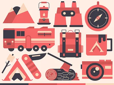 Freebie: Camping Illustration axe camera camping coffee compass illustration jungle lantern log mountain mug nature outdoor suv tent truck