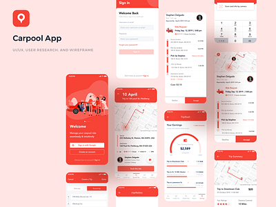 Carpool App branding card carpool casestudy components illustraion location map mobiledesign trip ui uiux ux wallet