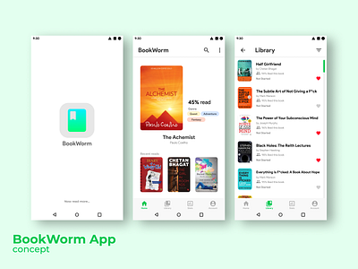 BookWorm App Concept android app app design application branding clean concept figma flat graphics designer minimal ui uidesign ux uxui