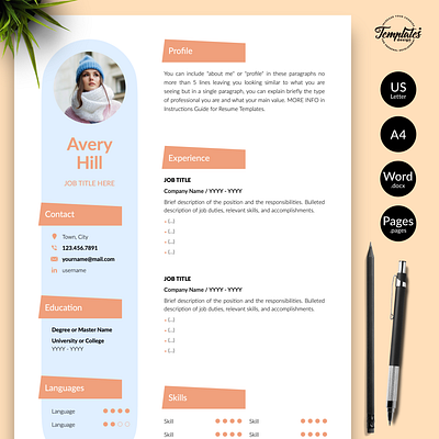 Creative Resume for Word & Pages “Avery Hill” basic cv sample cover letter creative cv design creative resume word curriculum vitae cv design and cover cv instant download cv pages compatible cv template cv with references cv word compatible feminine cv format modern resume references letter resume for word resume template resume template word
